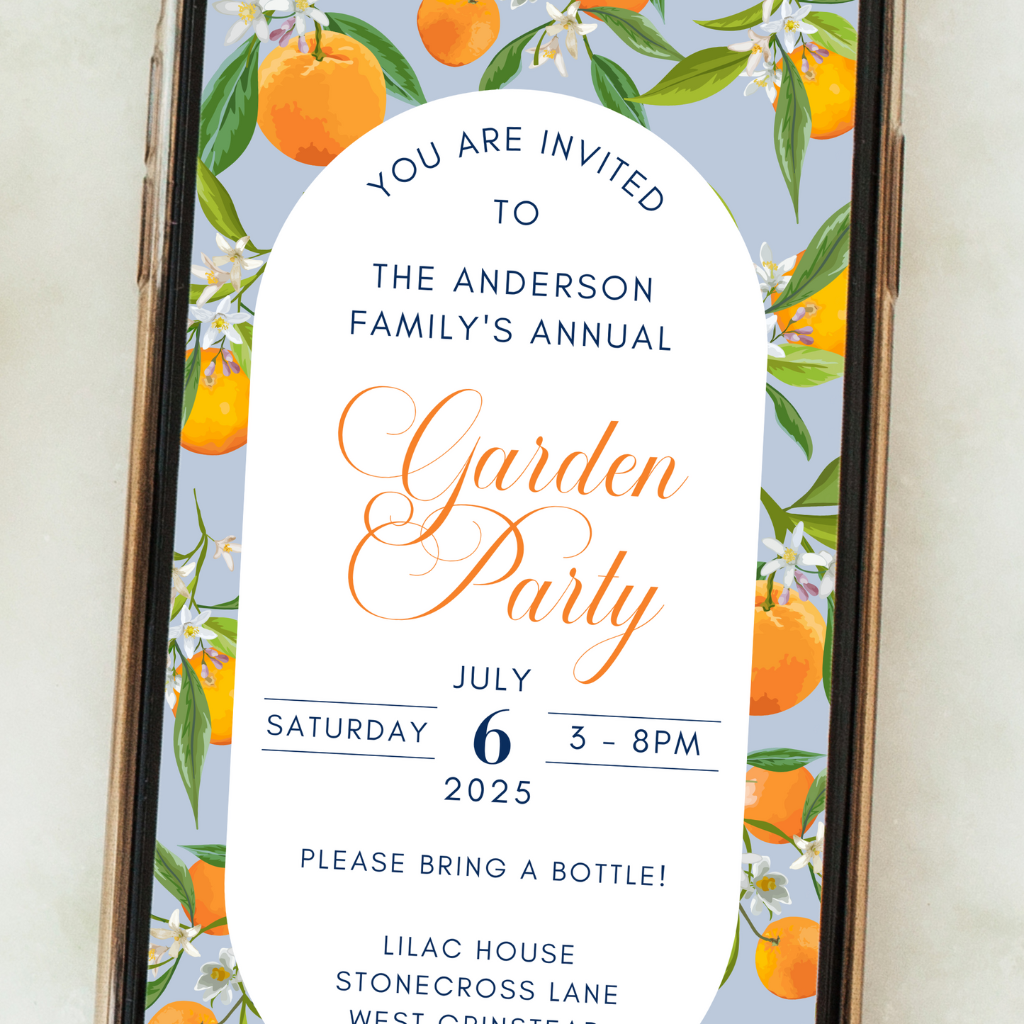 Editable Garden Party Invitation – Orange Grove Citrus Design