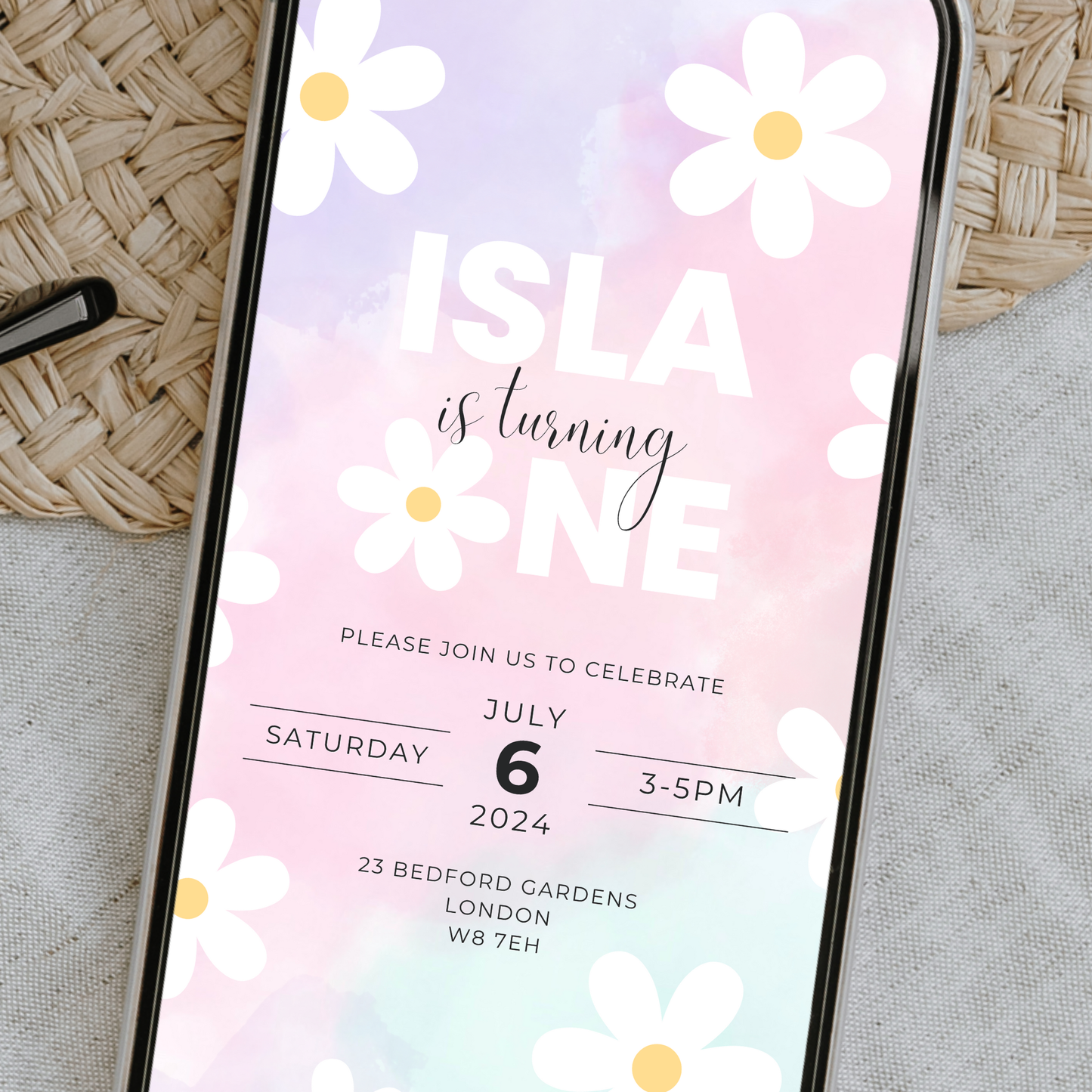 Editable First Birthday Invitation – Pastel Daisy Theme