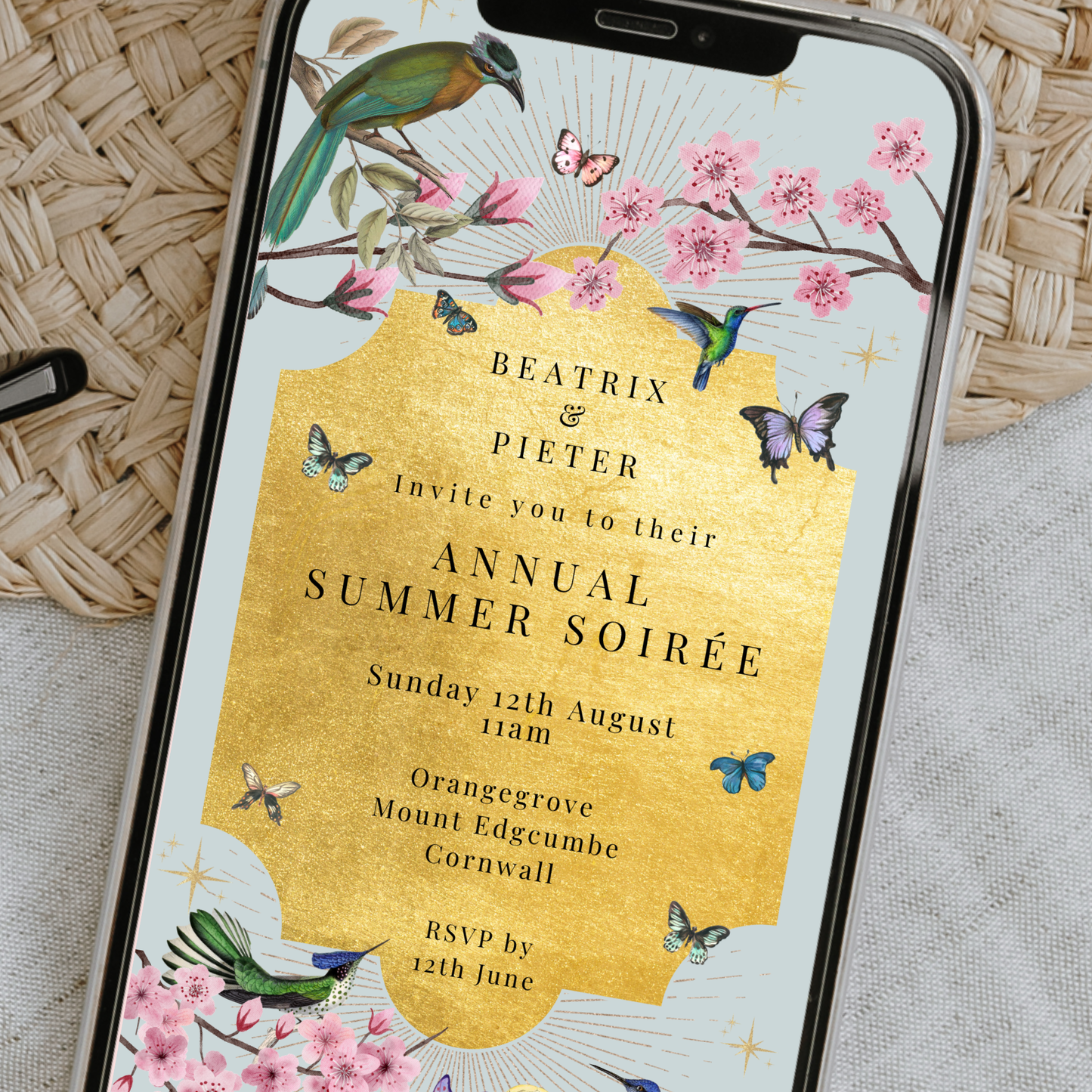 Editable Summer Soirée Invitation – Luxe Gold Foil & Botanical Design