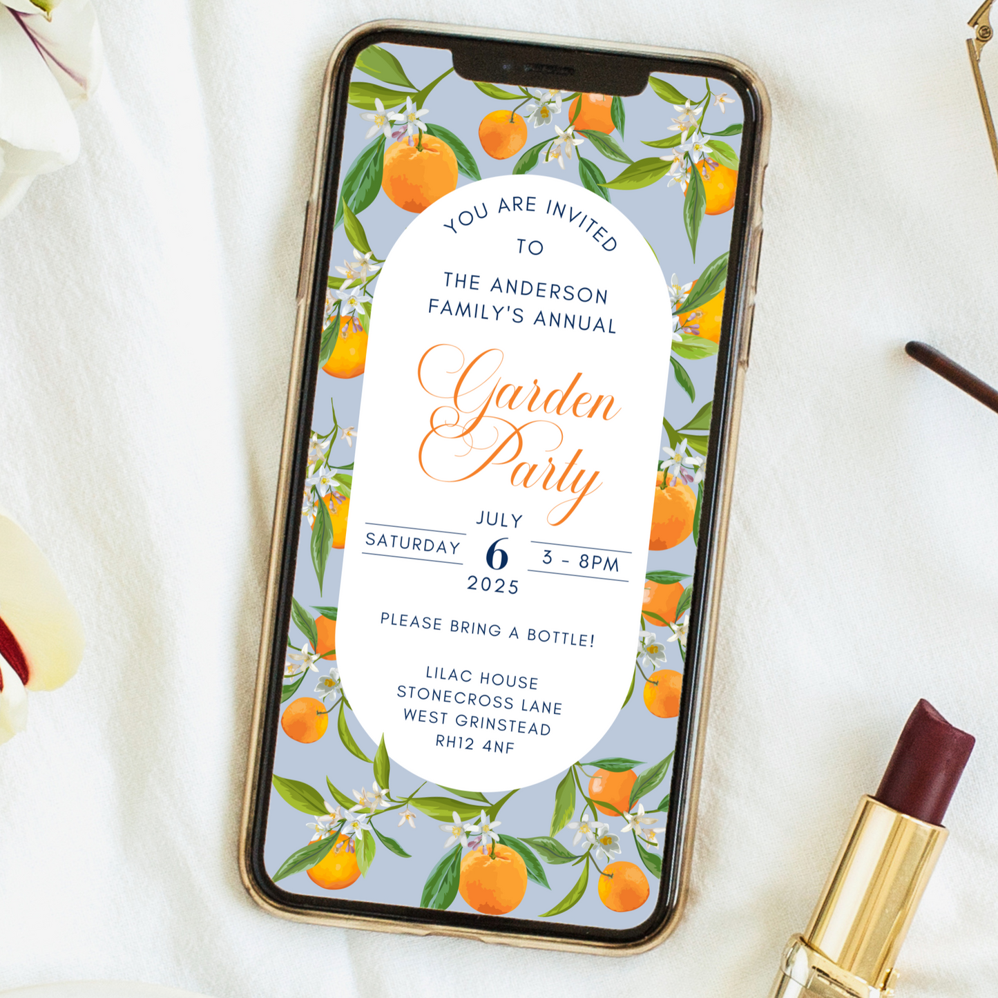 Editable Garden Party Invitation – Orange Grove Citrus Design