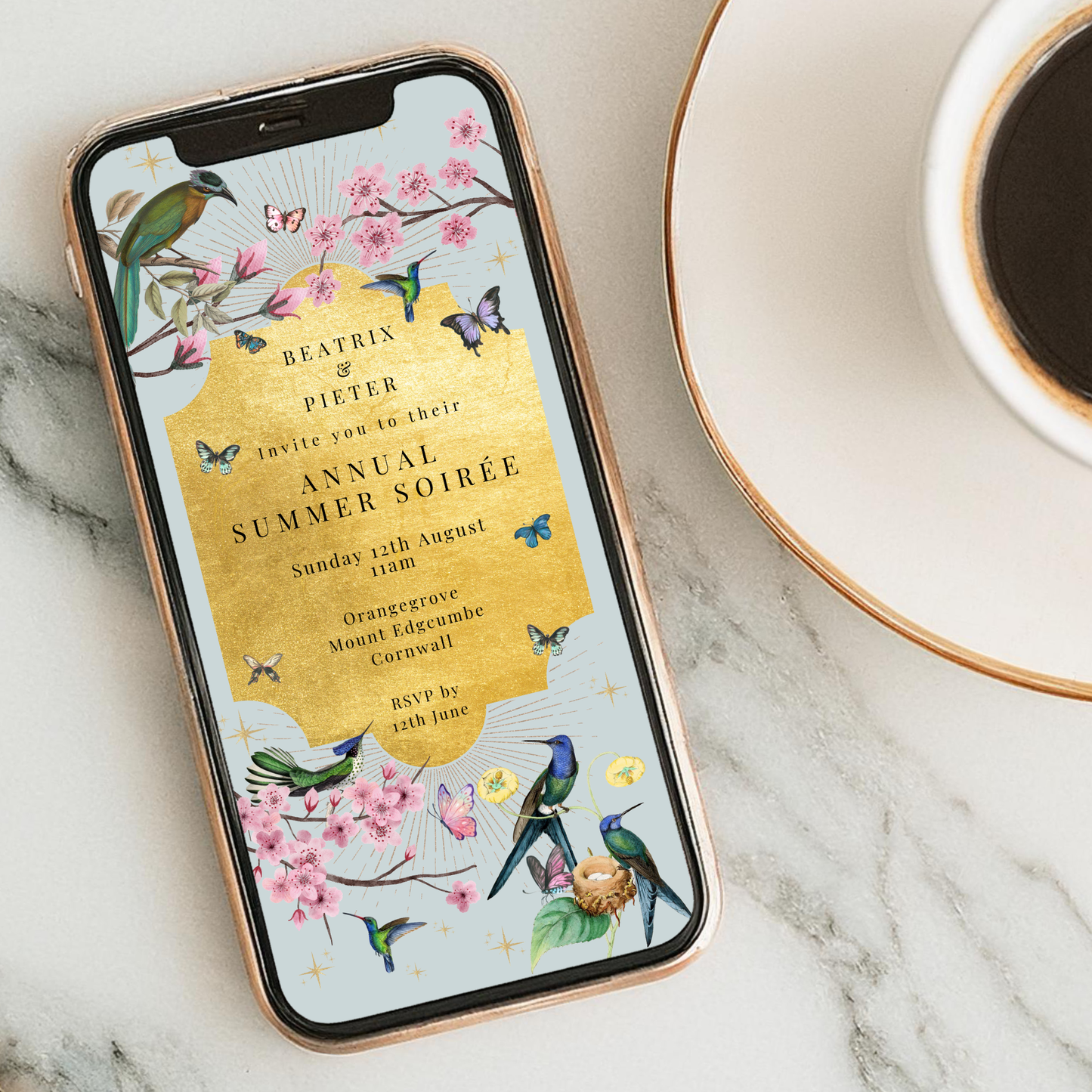 Editable Summer Soirée Invitation – Luxe Gold Foil & Botanical Design