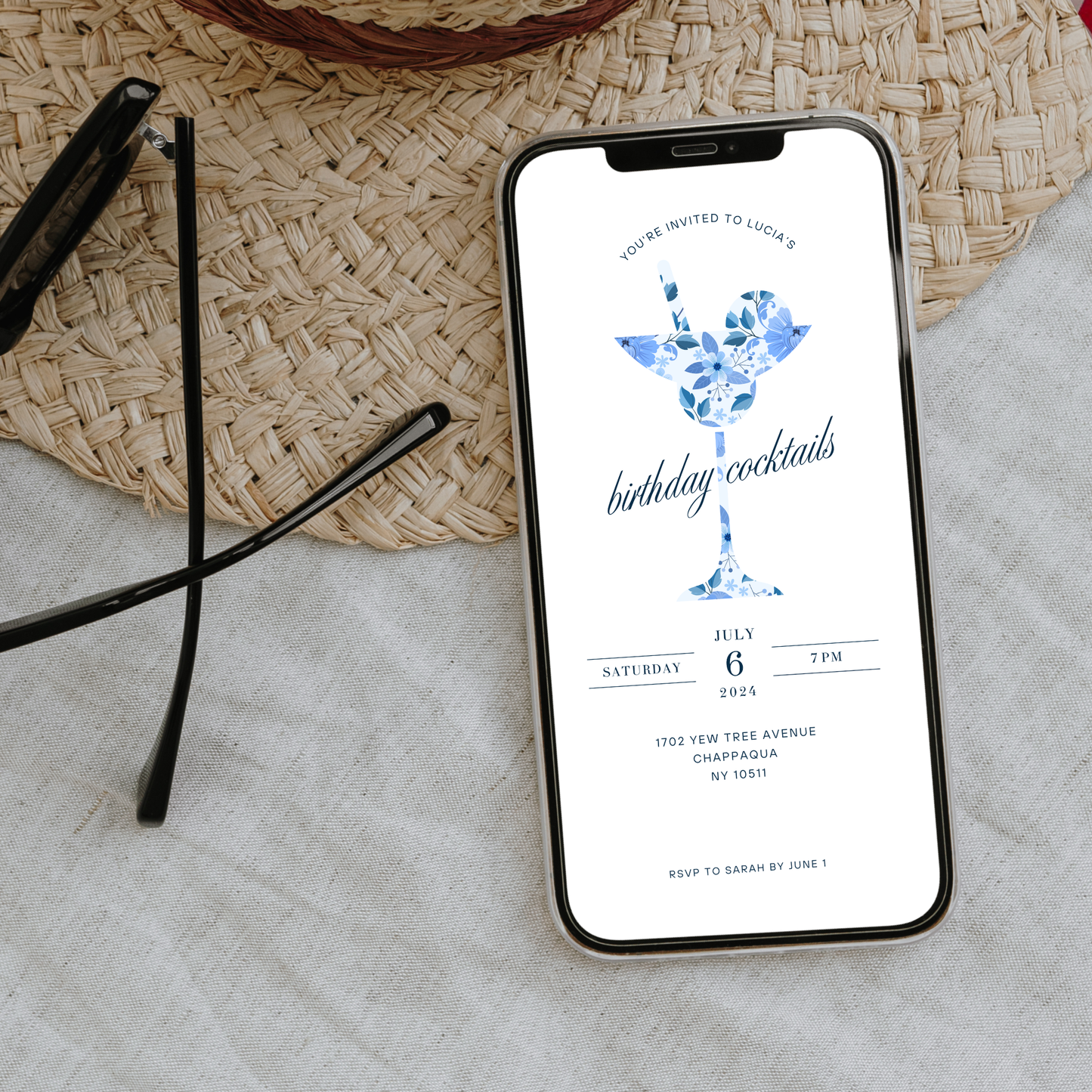 Editable Cocktail Party Birthday Invitation – Floral Martini Design