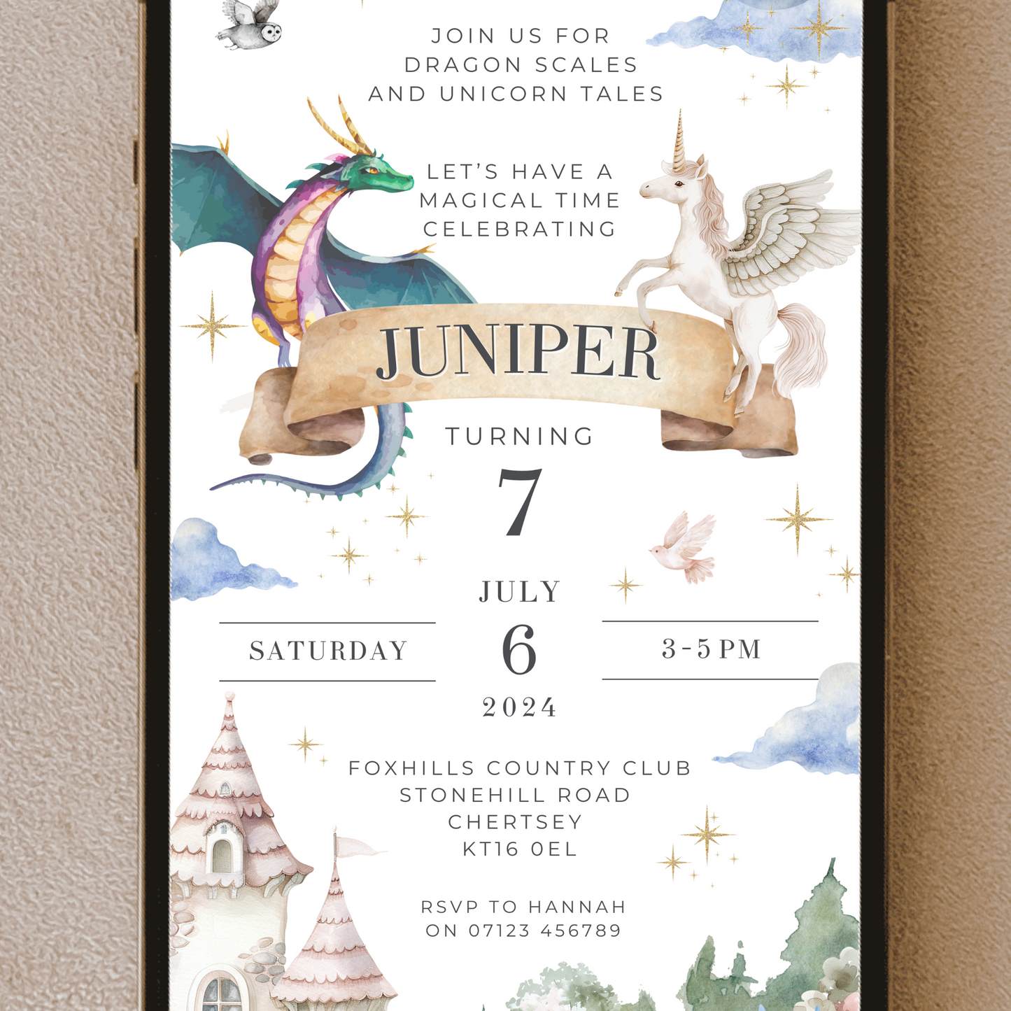 Editable Unicorn and Dragon Birthday Invitation – Magic Fairytale Theme