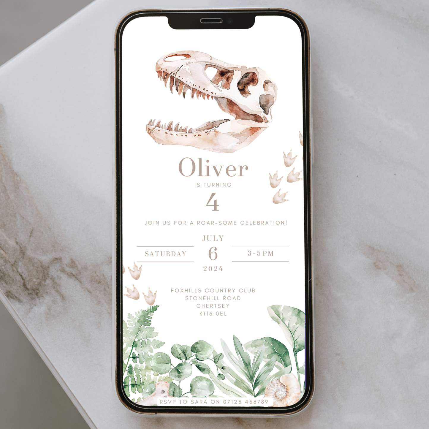 Editable Dinosaur Birthday Invitation – Neutral Fossil Theme