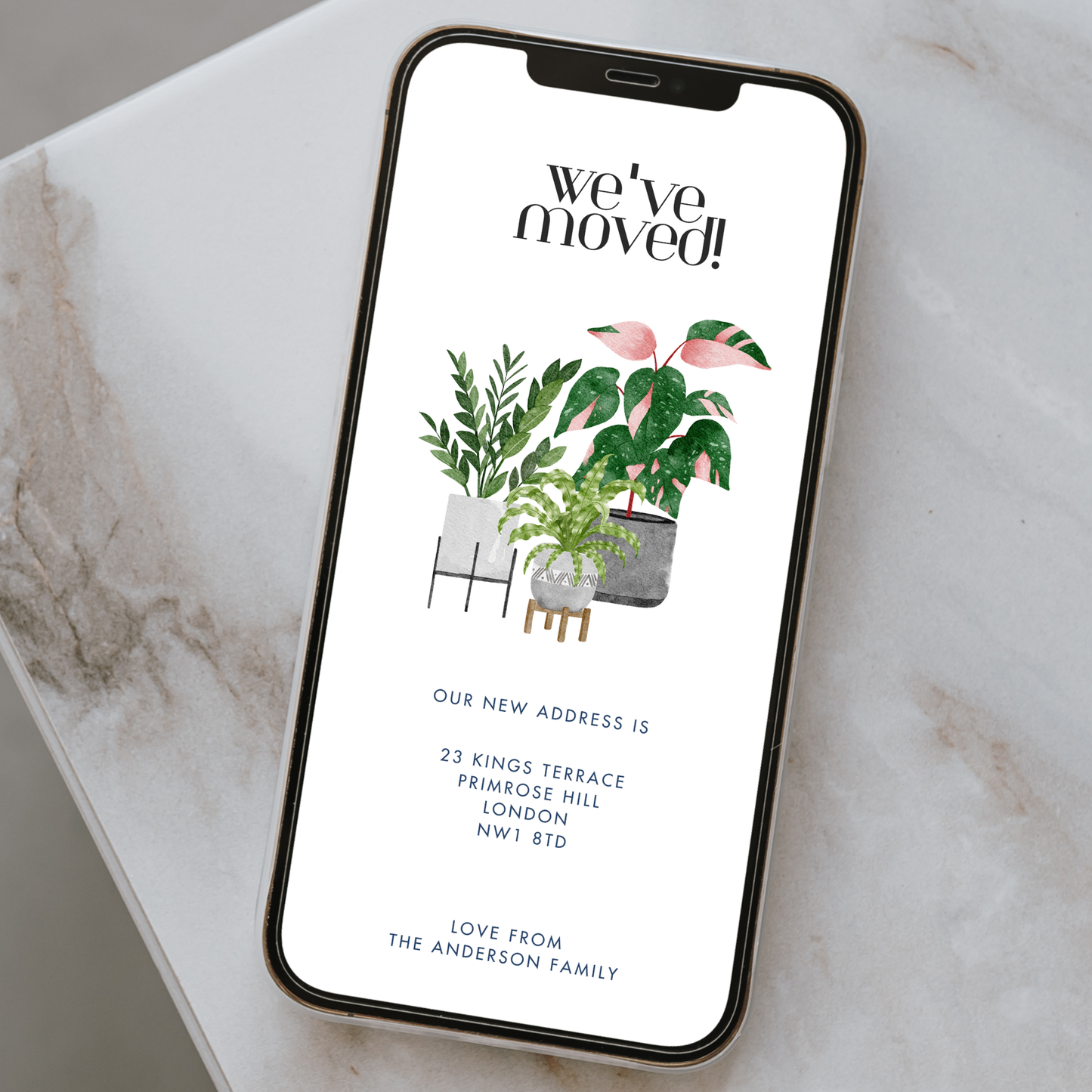 Editable House Move Announcement – Leafy Potted Plant Design