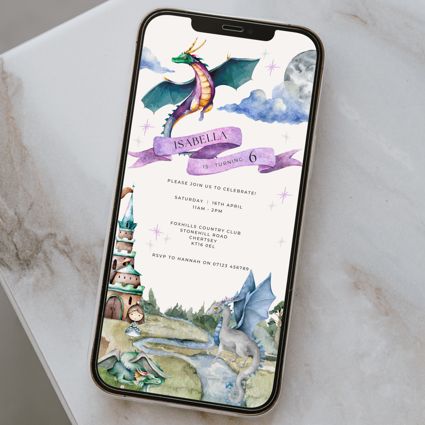 Editable Dragon & Princess Birthday Invitation – Fantasy Fairytale Theme