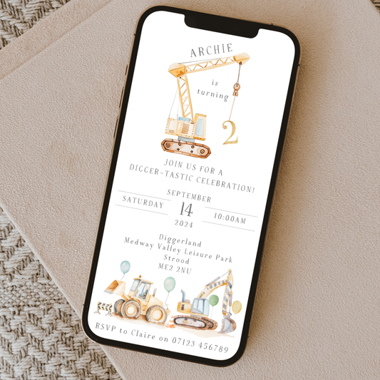 Editable Digger Birthday Invitation - Construction Party Theme