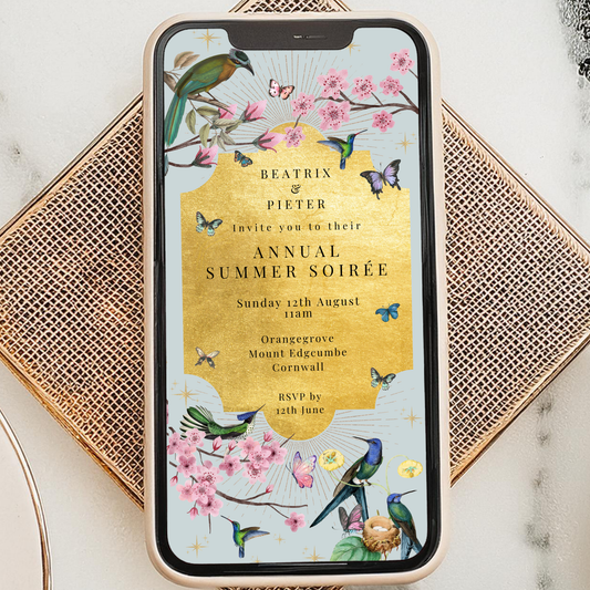 Editable Summer Soirée Invitation – Luxe Gold Foil & Botanical Design