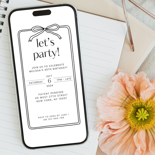 Editable Stylish Birthday Invitation – Black & White Bow Design