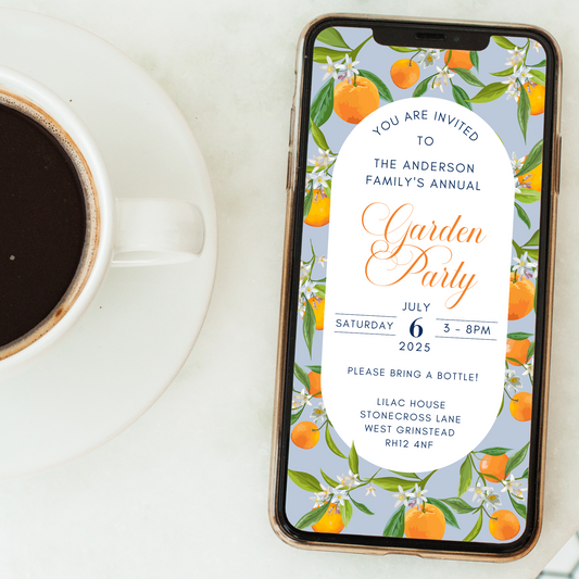 Editable Garden Party Invitation – Orange Grove Citrus Design