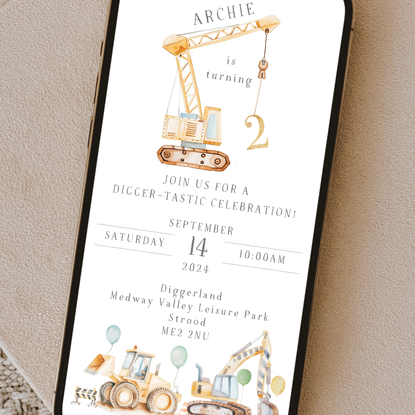Editable Digger Birthday Invitation - Construction Party Theme