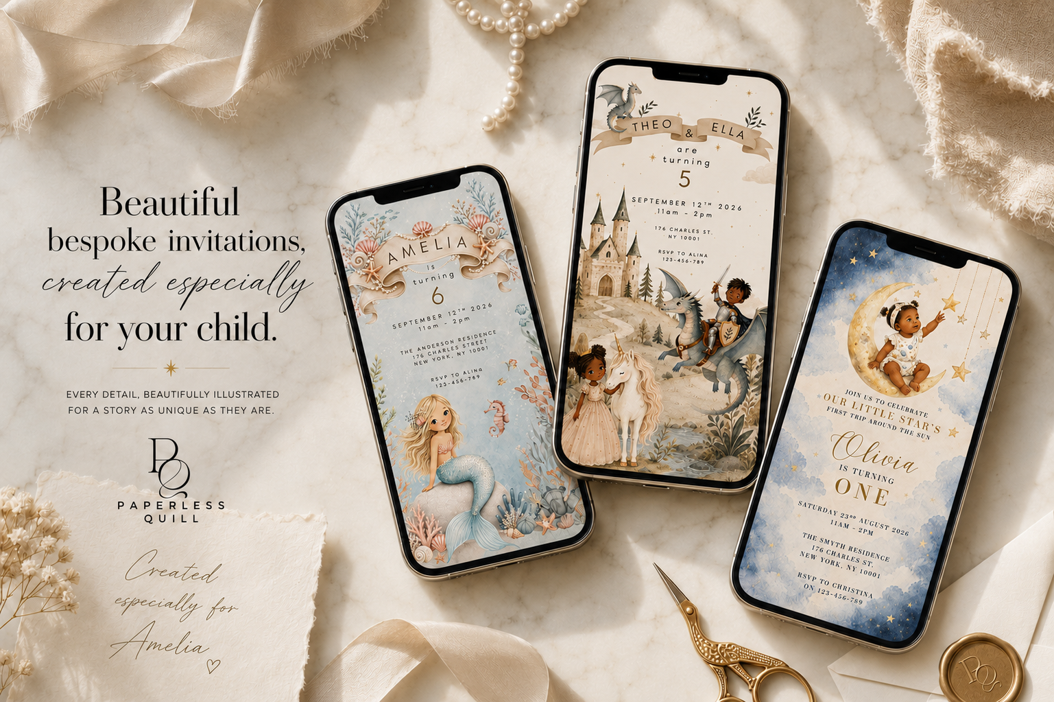 Three illustrated phone mockups displaying custom children's birthday invitation designs, arranged on a soft beige fabric surface with pearls, ribbon, scissors, and a gold coin. Text on the left reads, 'Beautiful bespoke invitations, created especially for your child.