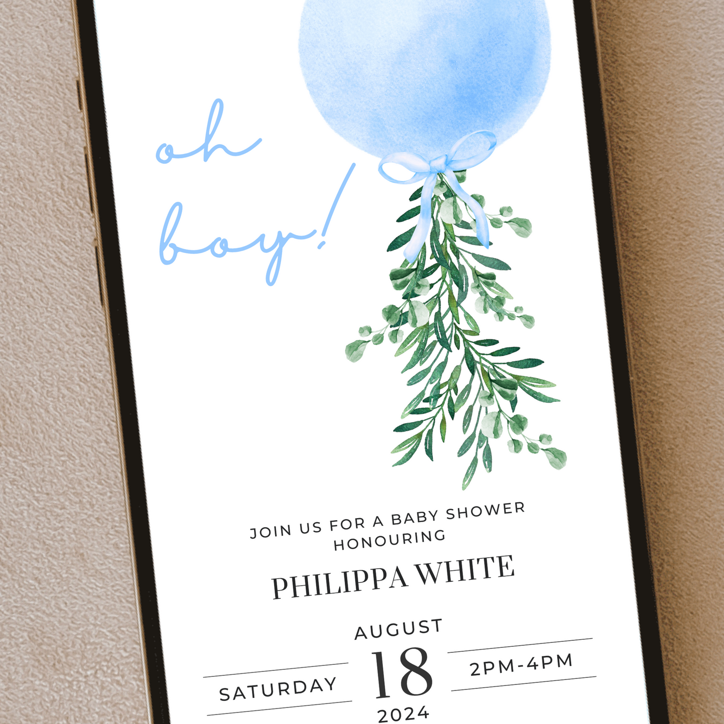 Digital Boy Balloon Baby Shower Invitation