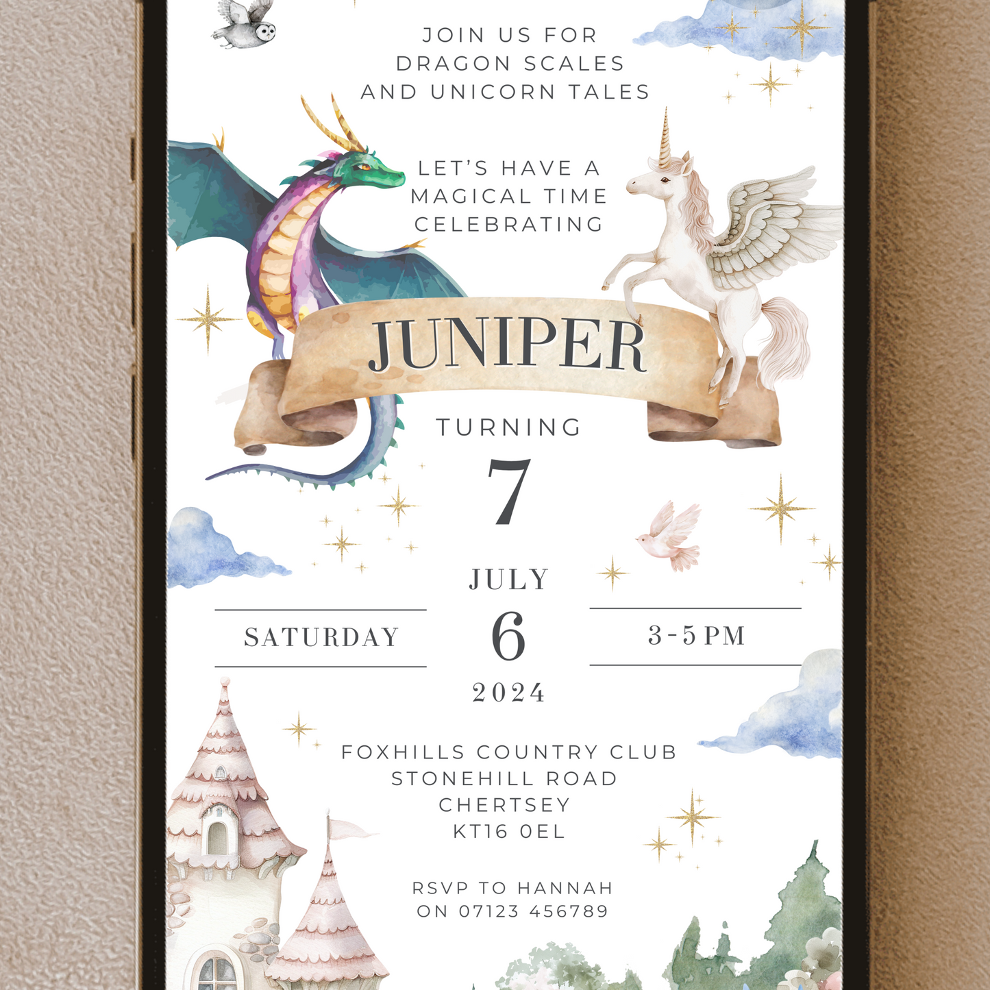 Digital Unicorn & Dragon Party Invitation