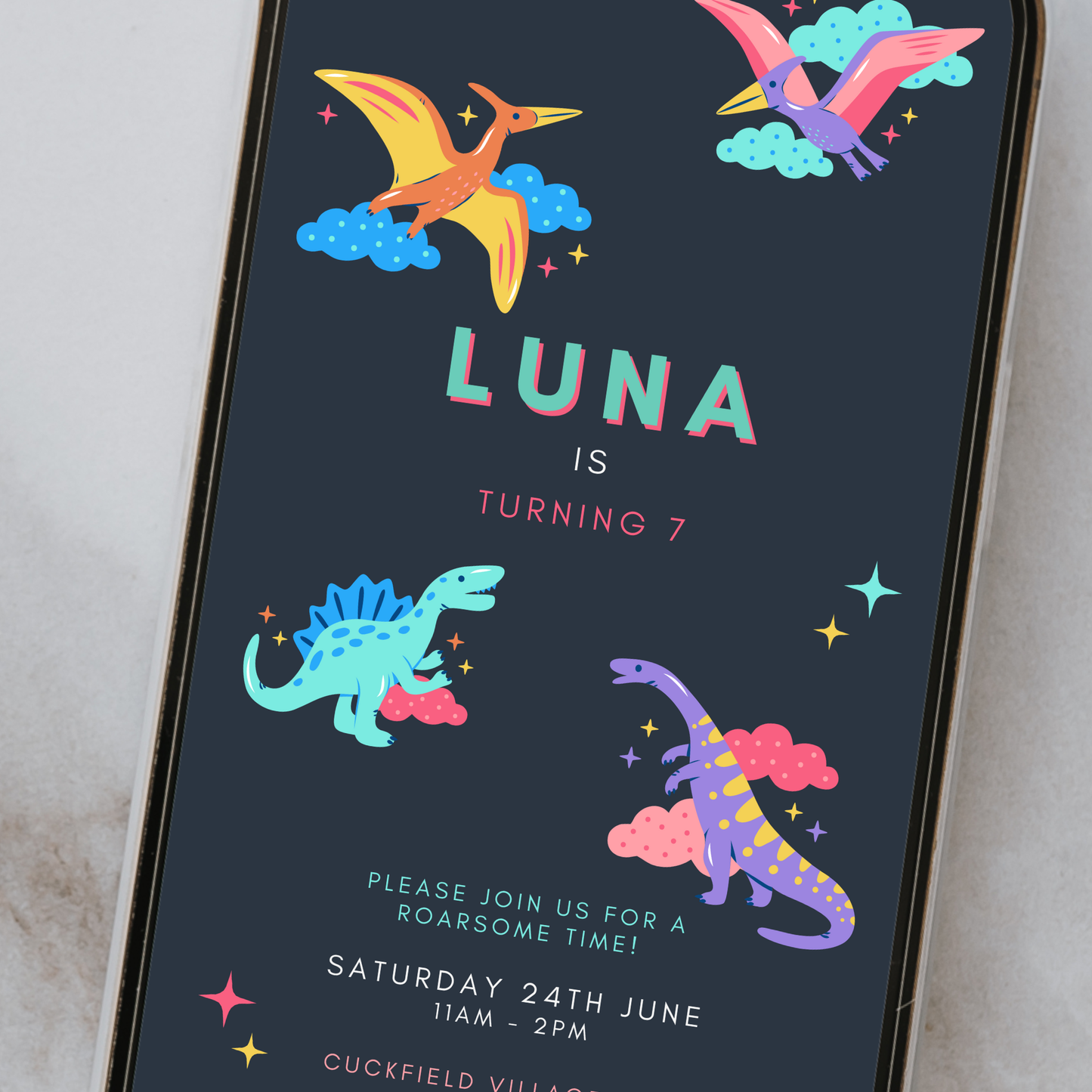 Digital Neon Dinosaur Party Invitation