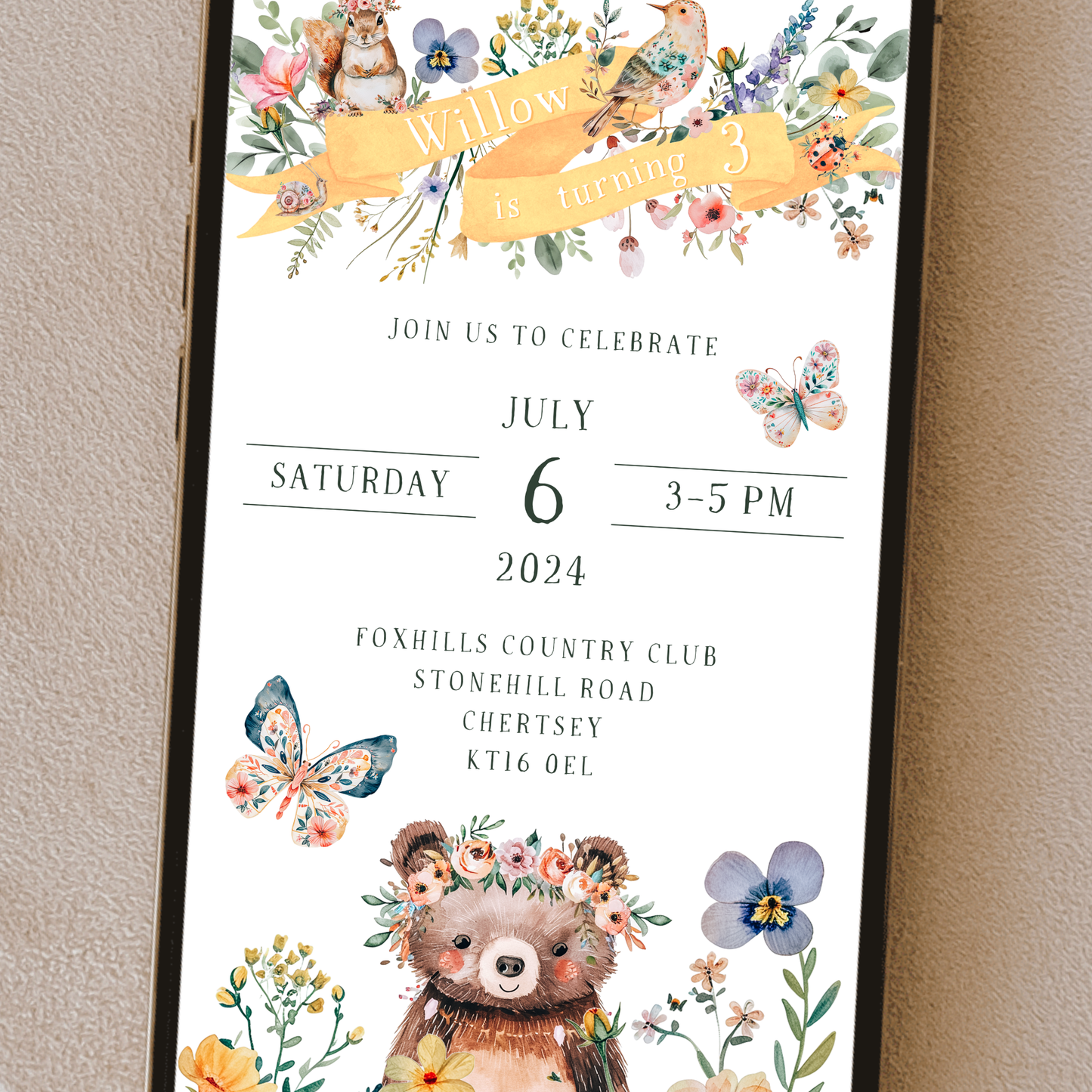 Digital Boho Bear Party Invitation