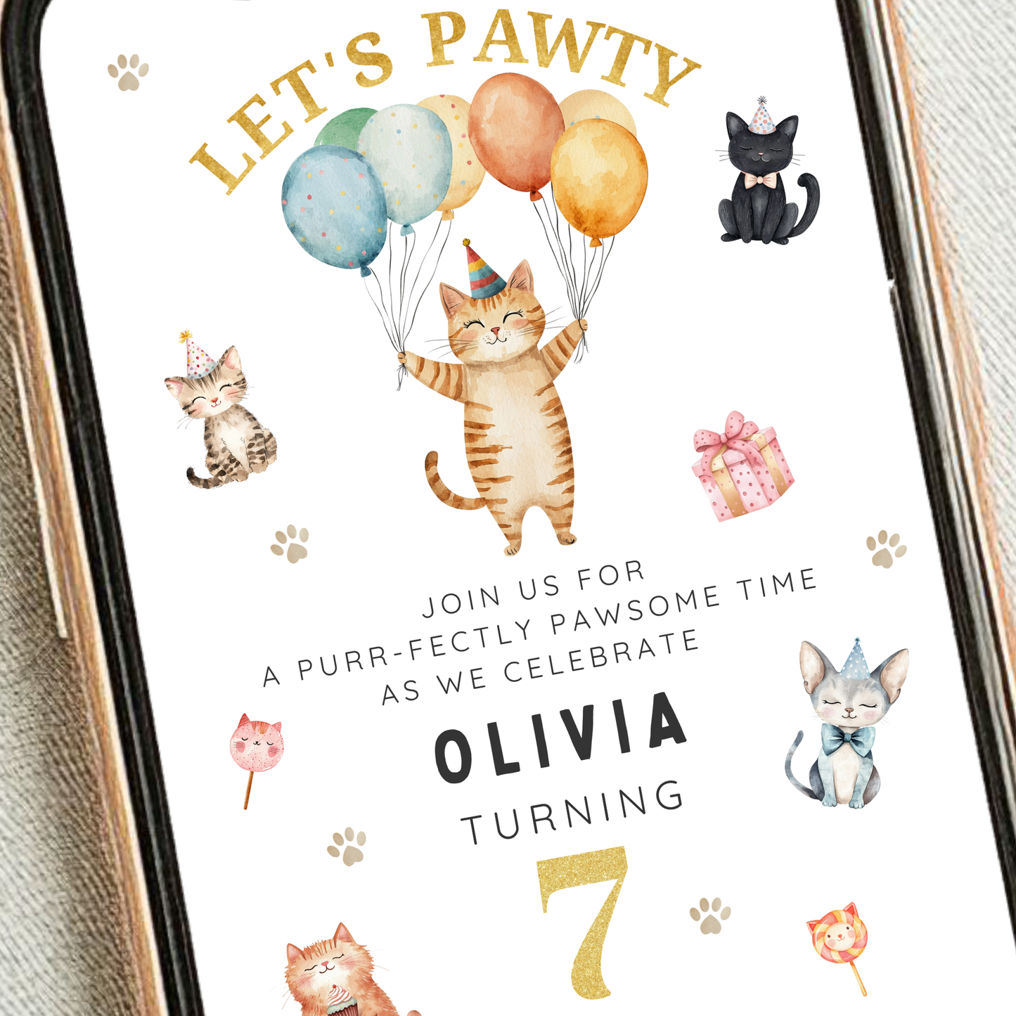 Editable Cat Birthday Invitation – Let’s Pawty Theme