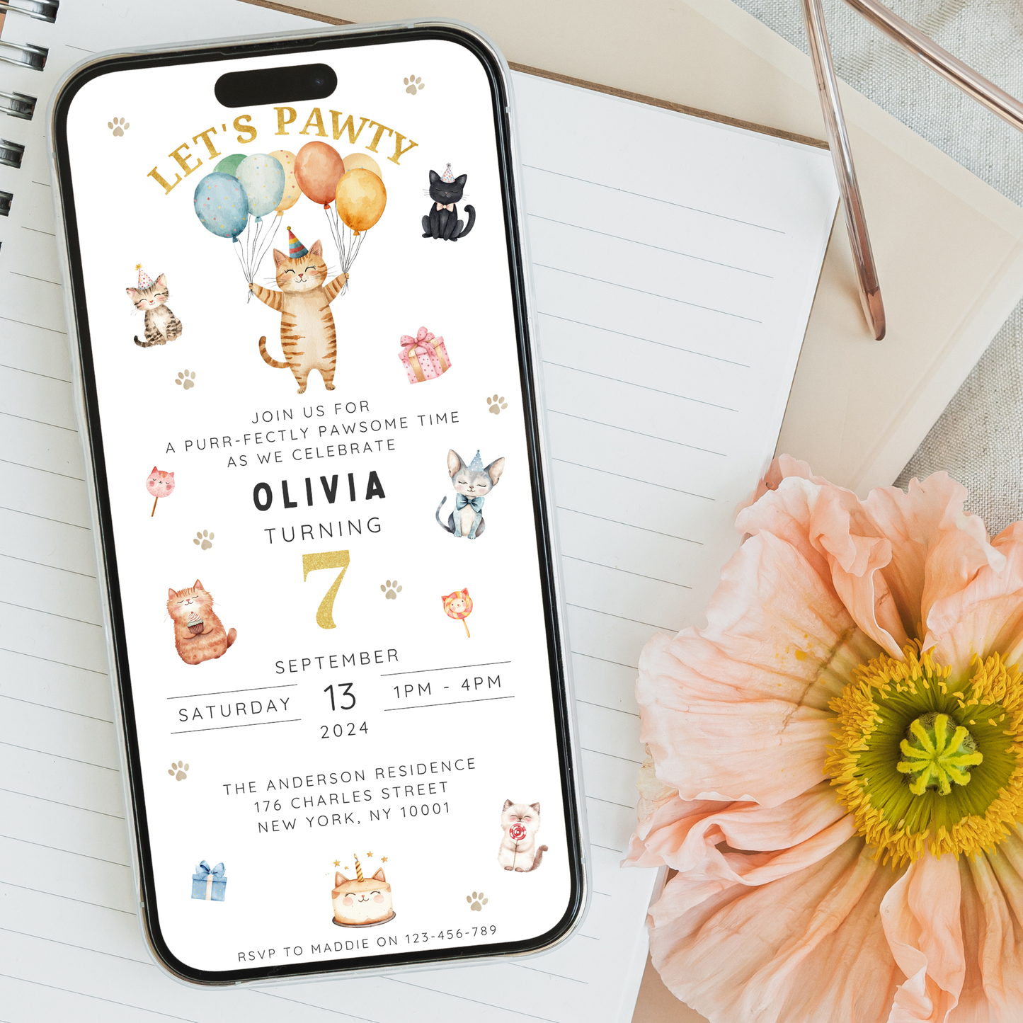 Editable Cat Birthday Invitation – Let’s Pawty Theme