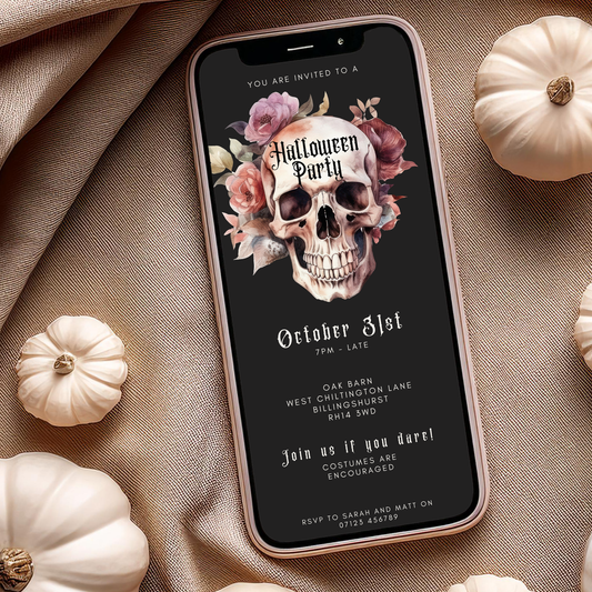 Digital Floral Skull Halloween Party Invitation