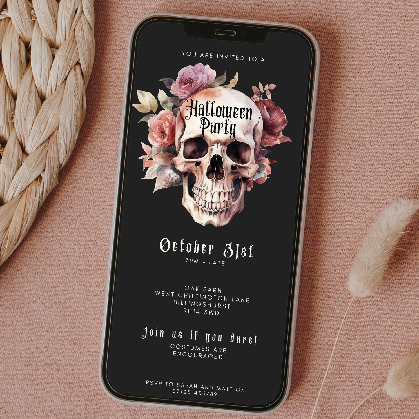 Digital Floral Skull Halloween Party Invitation