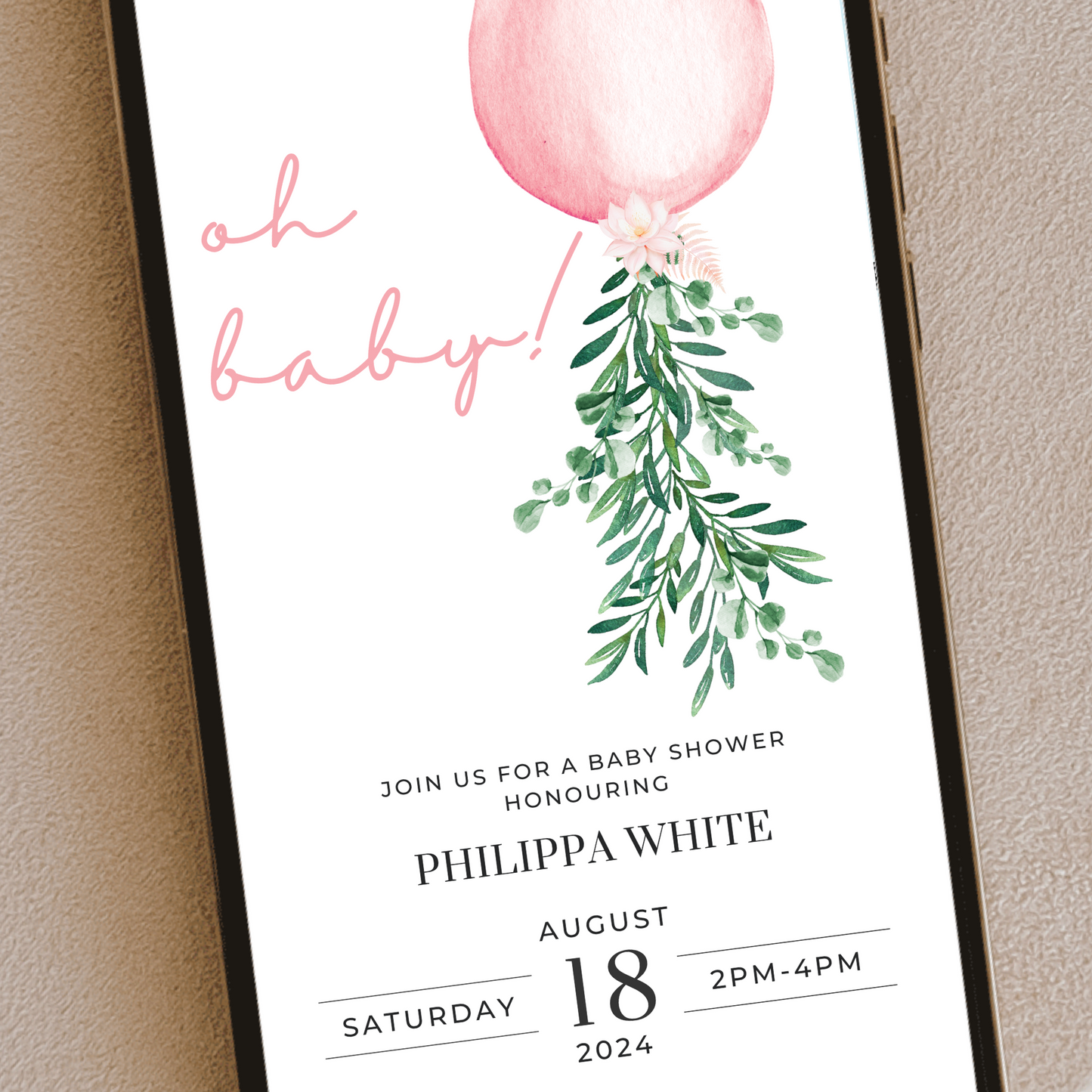 Digital Girl Balloon Baby Shower Invitation