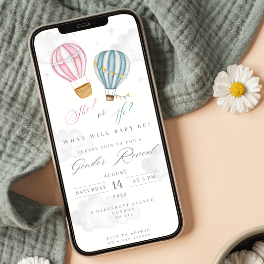 Digital Hot Air Balloon Gender Reveal Party Invitation