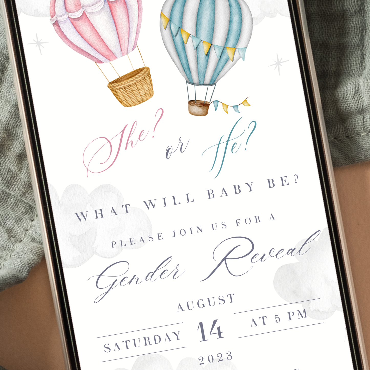 Digital Hot Air Balloon Gender Reveal Party Invitation