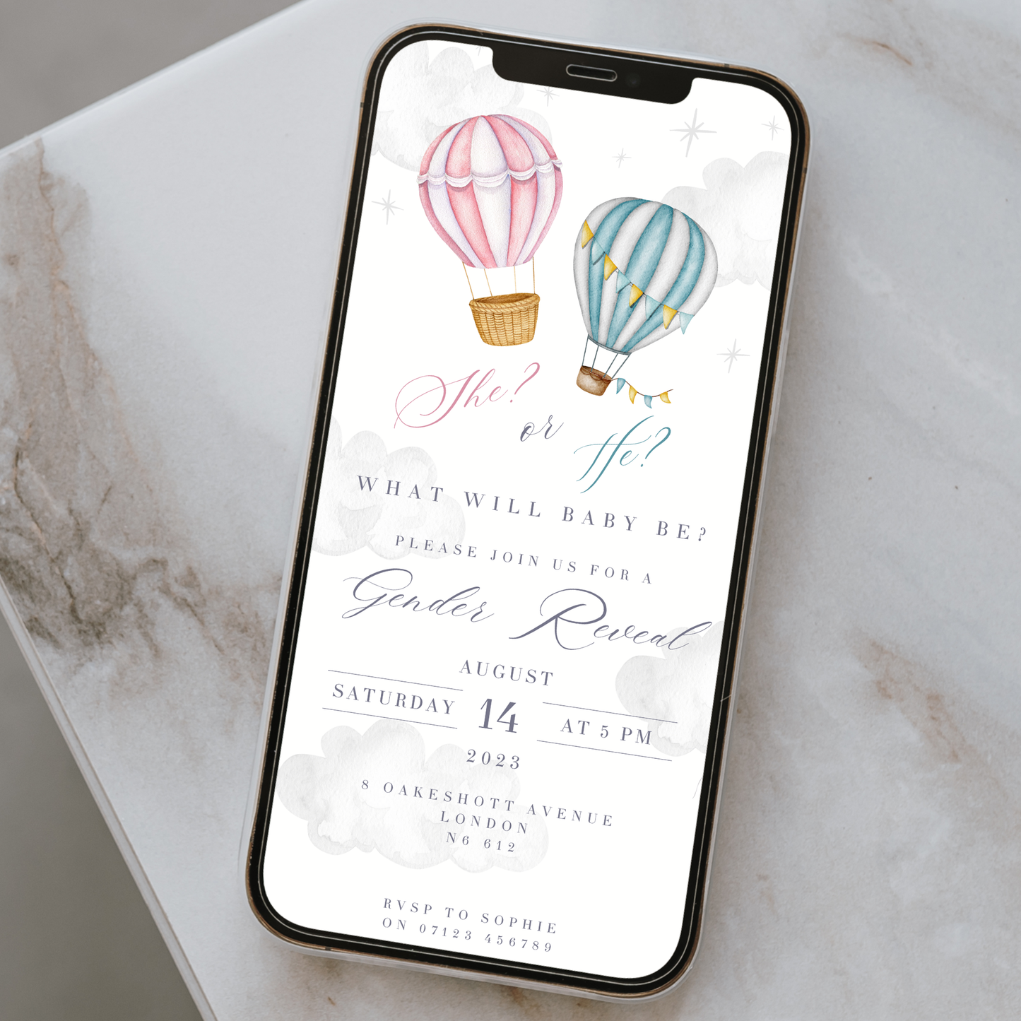 Digital Hot Air Balloon Gender Reveal Party Invitation