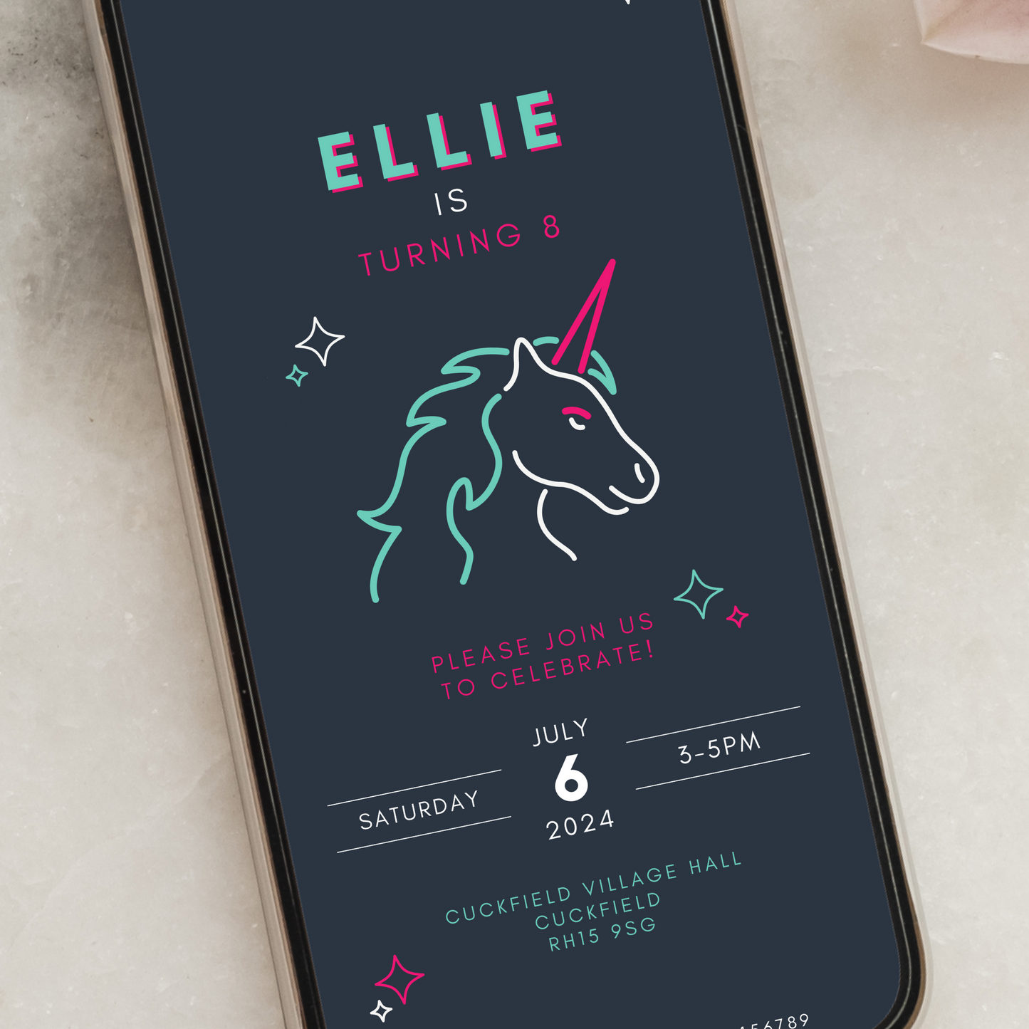 Phone Neon Unicorn Birthday Party Invitation