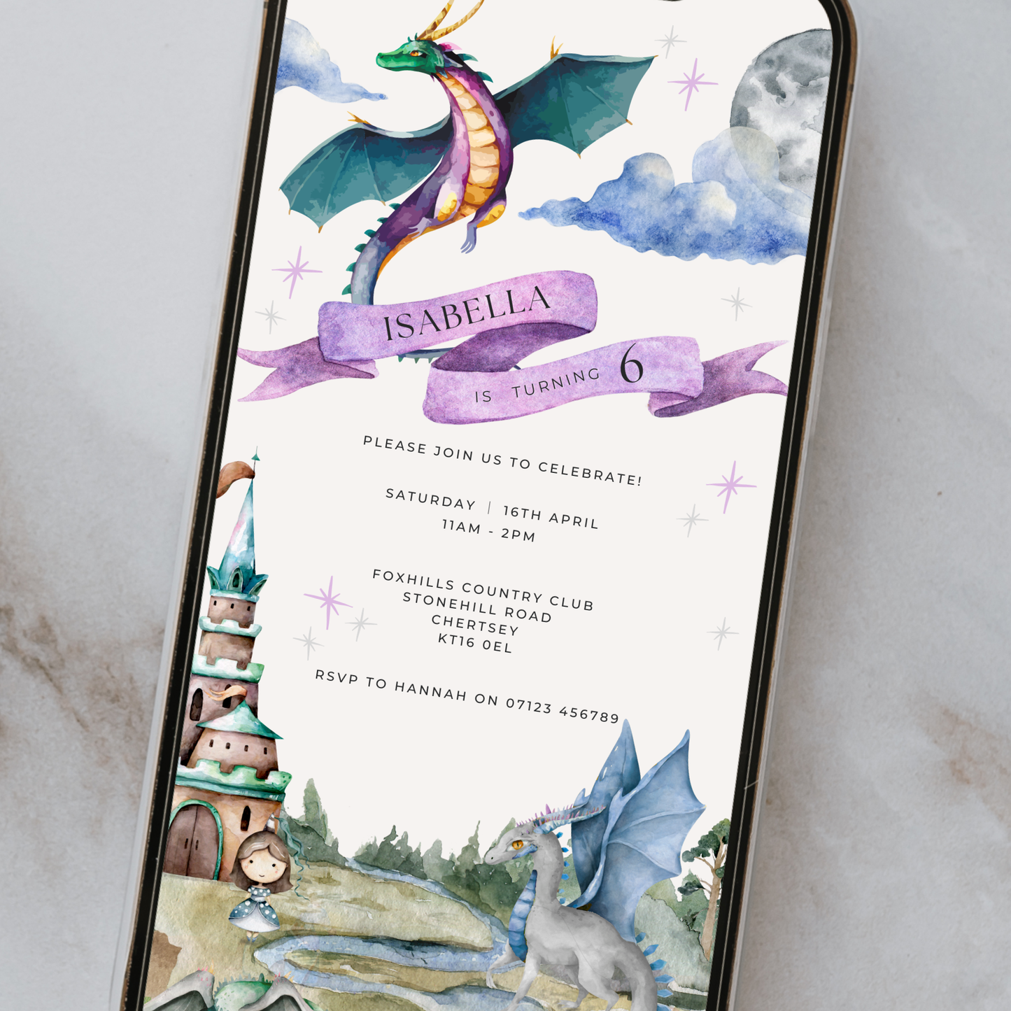 Digital Dragon & Princess Party Invitation